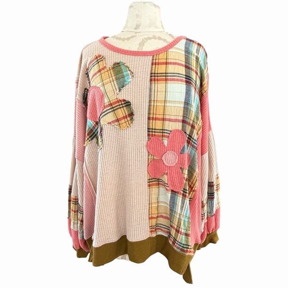easel Sweaters - Easel Daisy Waffle Plaid Patchwork Oversized Sweatshirt L Hippie Boho Lagenlook